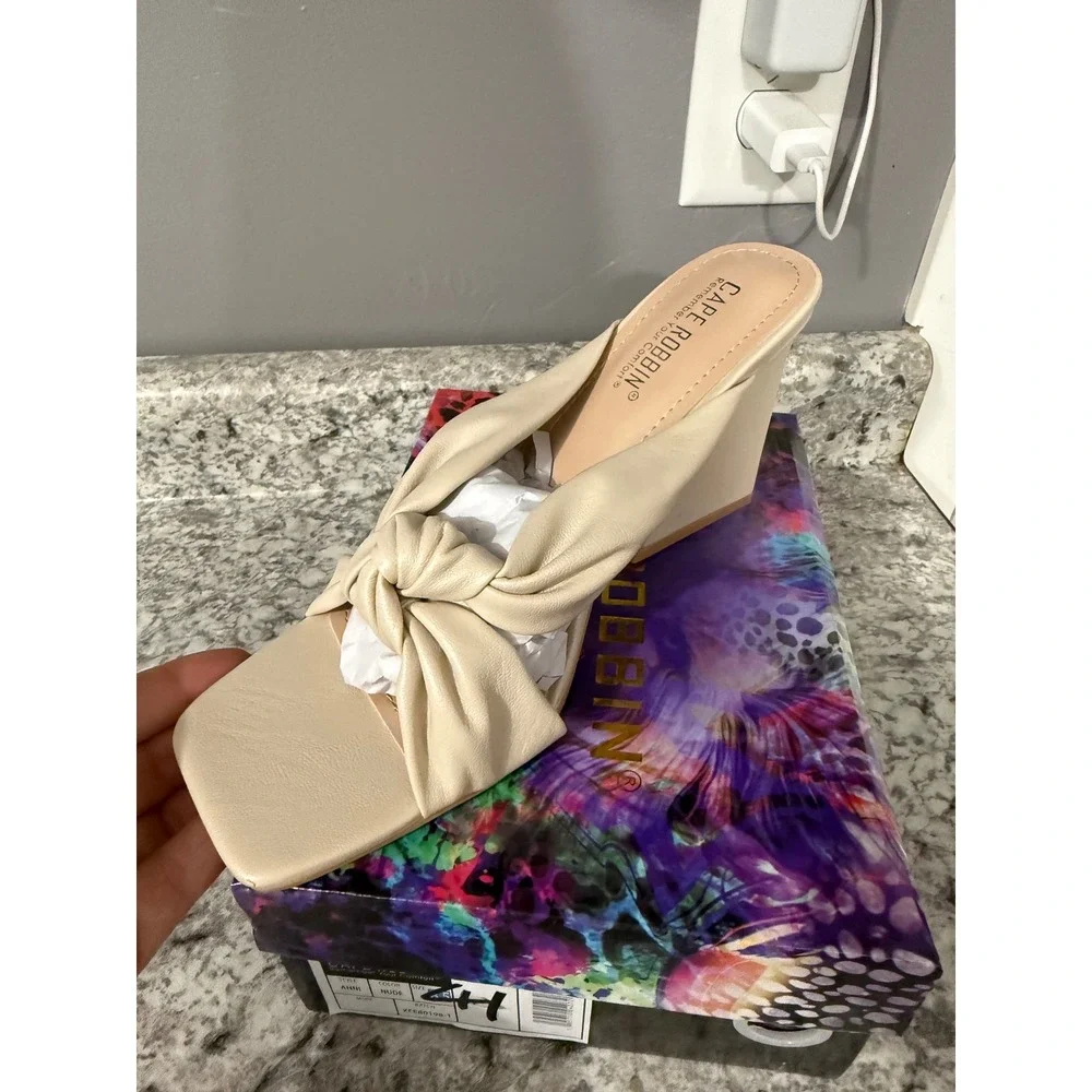Cape Robbin Anni-1 Nude Knotted Square Toe Wedge Sandals‎ Mules Size 8.5
